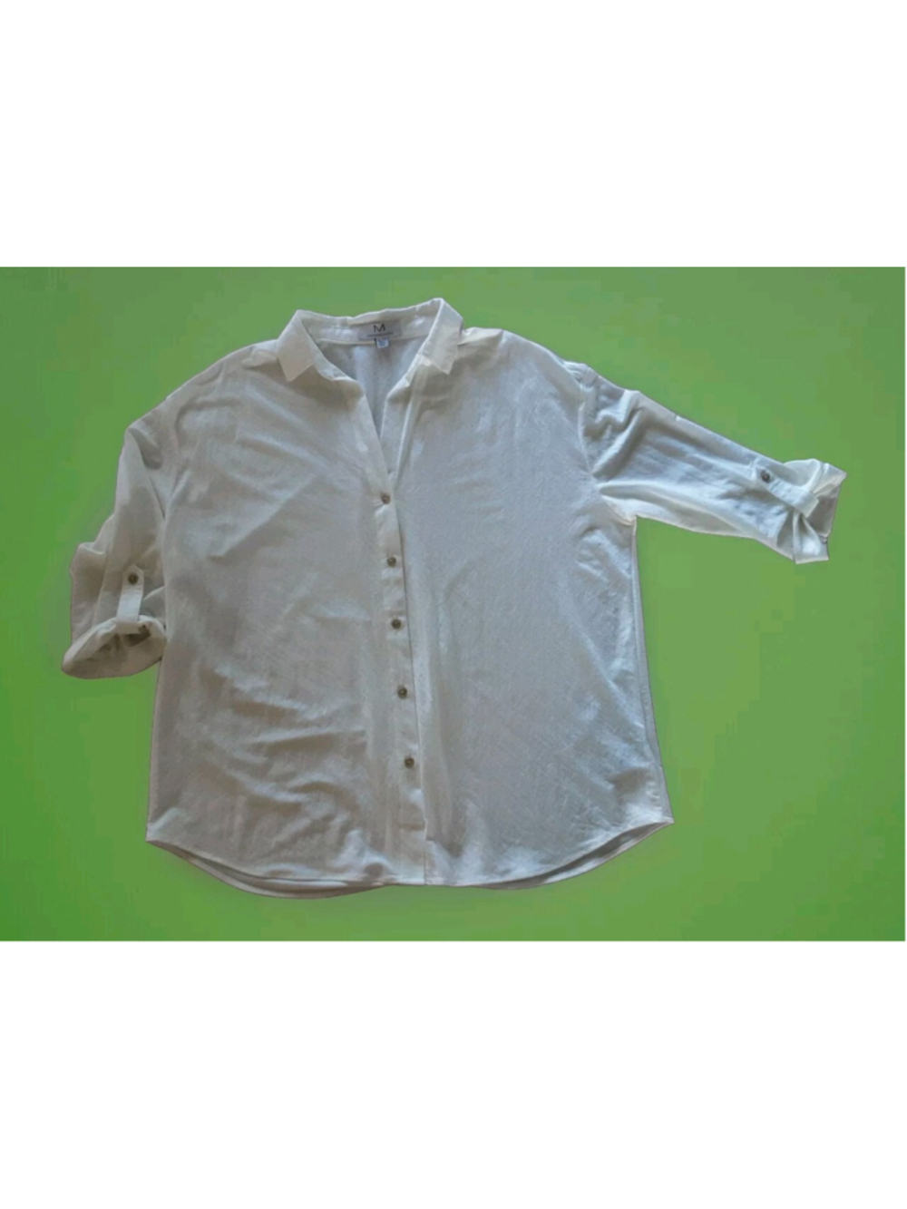 M MAGASCHONI Classic Button Front Roll Tab Sleeves Viscose Blouse Ivory Sz XL